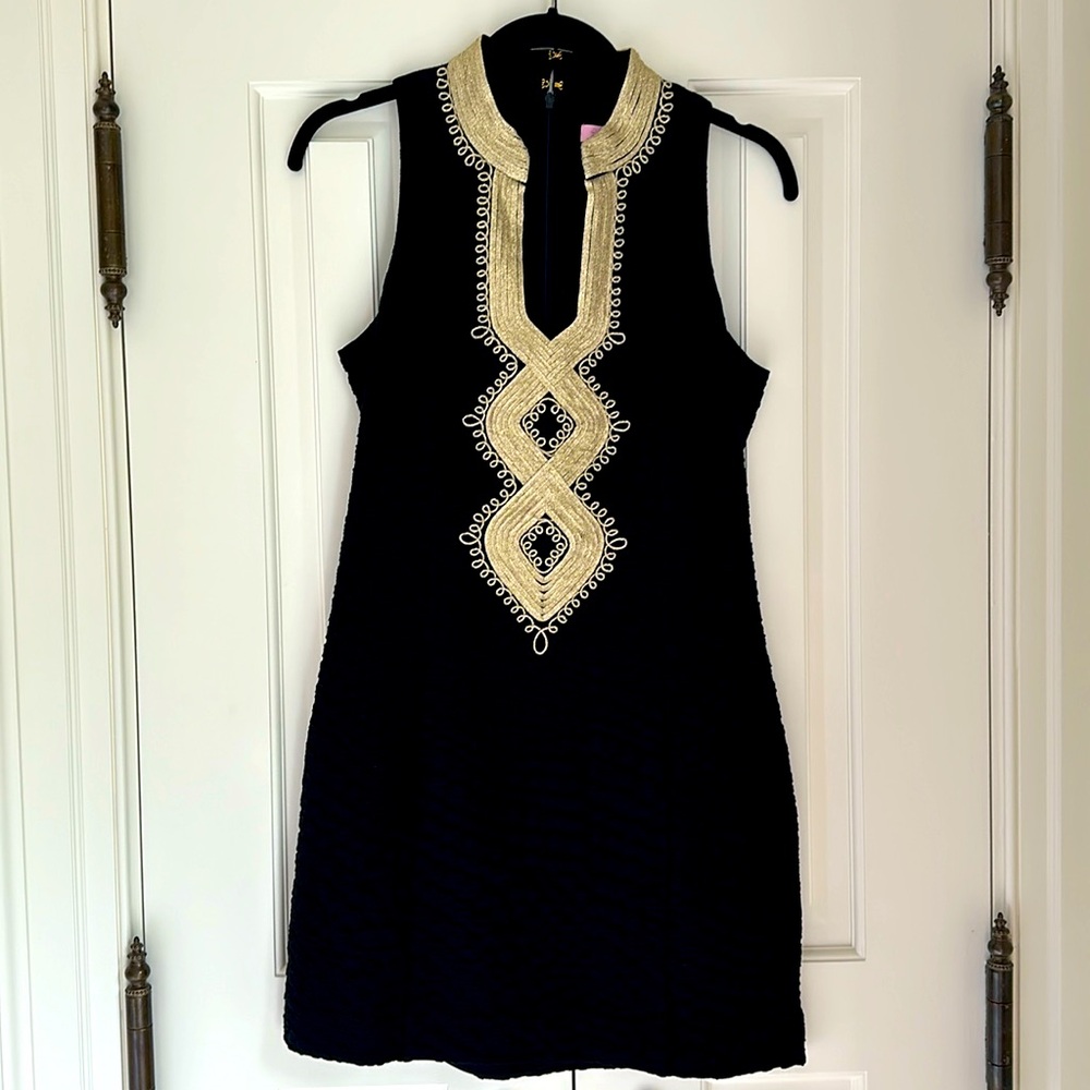 Lilly Pulitzer Alexa Shift Dress Gold Embroidery Sz 6